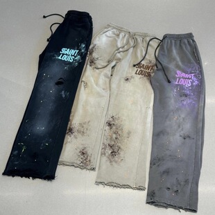 SSSAINT LOUIS泼墨做脏旧直筒休闲裤美潮高街嘻哈破坏重磅长裤男