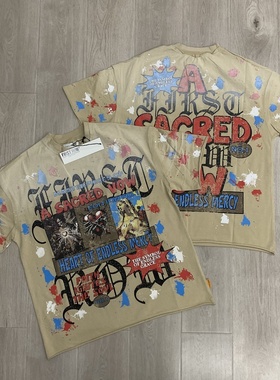 First Row欧美高街小众潮牌烫钻印花复古做旧洗水重磅纯棉短袖T恤