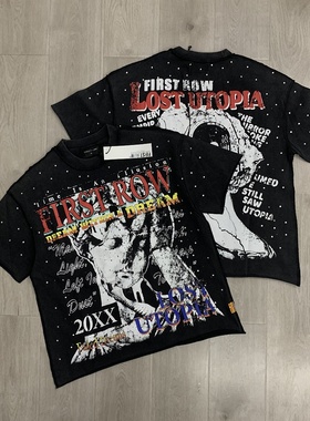 FIRST ROW小众欧美高街复古潮牌洗水做旧人像印花烫钻纯棉短袖T恤