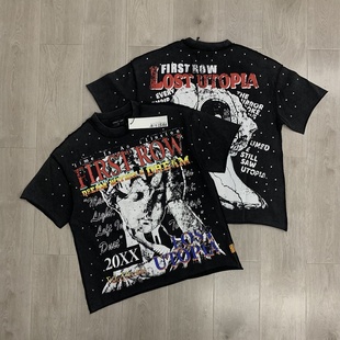 FIRST T恤 ROW小众欧美高街复古潮牌洗水做旧人像印花烫钻纯棉短袖