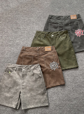ADWYSD麂皮刺绣太阳卷美潮高街复古做旧洗水休闲夏季小众五分短裤