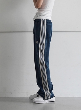 needles欧美潮牌运动休闲蝴蝶刺绣复古百搭条纹天鹅绒直筒长裤男