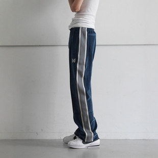 needles欧美潮牌运动休闲蝴蝶刺绣复古百搭条纹天鹅绒直筒长裤男