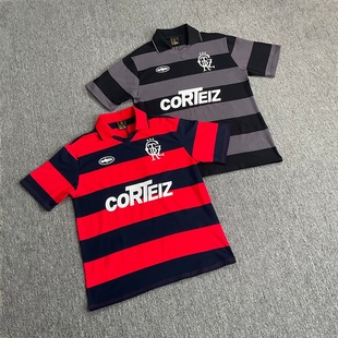 corteiz美式高街潮牌夏季休闲字母印花条纹翻领Polo衫短袖T恤球衣