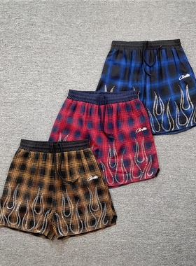 corteiz美式高街嘻哈潮牌字母刺绣火焰烫钻宽松休闲格子抽绳短裤