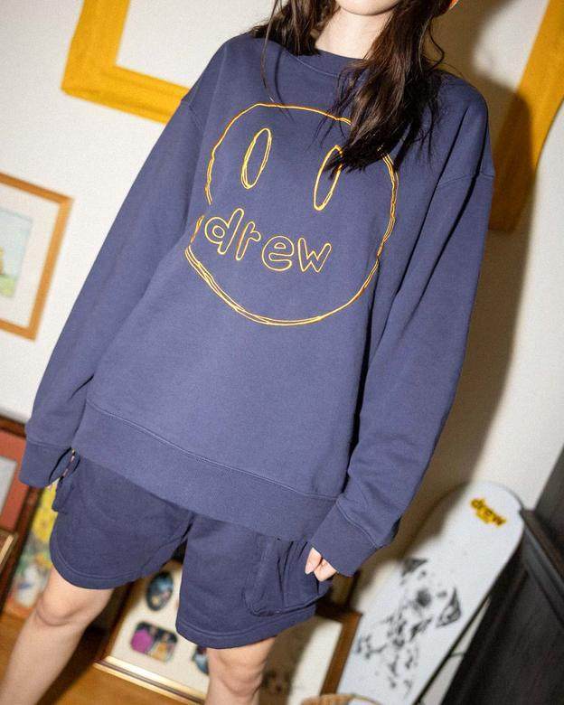 DREW欧阳娜娜同款美式潮牌笑脸LOGO刺绣春秋男女情侣毛圈圆领卫衣