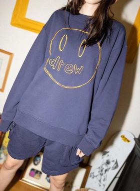 DREW欧阳娜娜同款美式潮牌笑脸LOGO刺绣春秋男女情侣毛圈圆领卫衣
