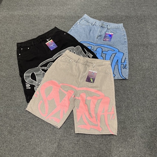 Synaworld Jeans美式高街嘻哈潮流夏季休闲印花做旧洗水牛仔短裤