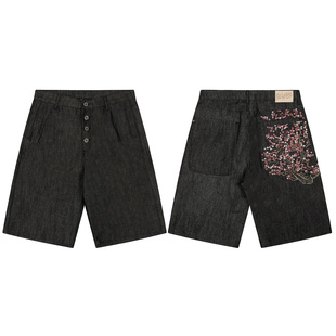 DERSCHUTZE DENIM小众欧美时尚潮牌樱花重工刺绣洗水直筒牛仔短裤