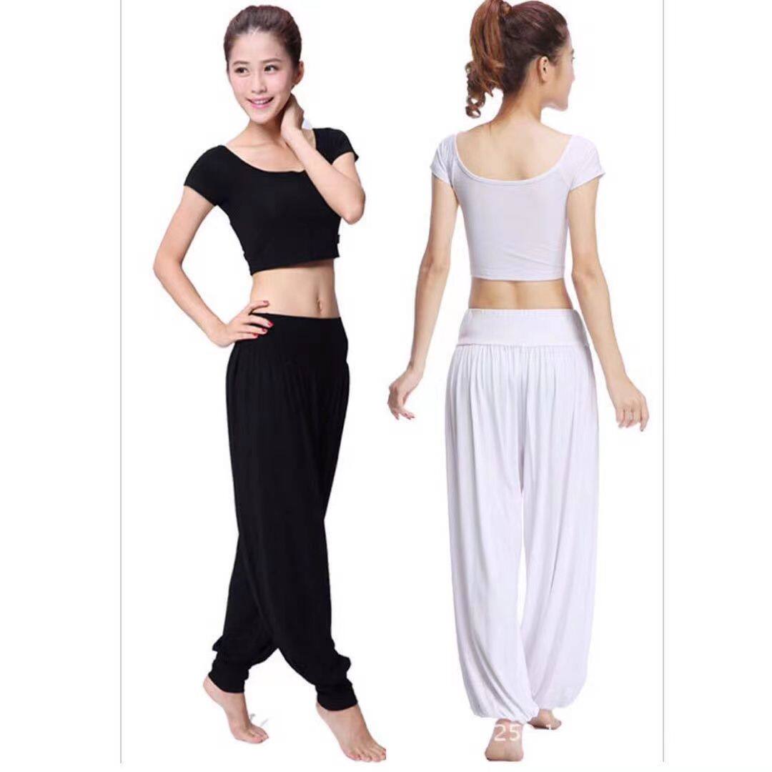 新款肚皮舞专业莫代尔健身瑜伽服宽松时尚性感短袖显瘦灯笼裤套装