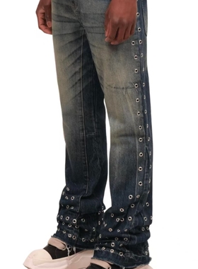 广州高版本牛仔裤黑色PU泼墨潮男新款弹力高品质轻奢裤子微喇长裤