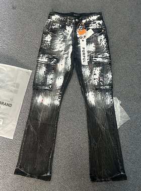 广州高版本牛仔裤黑色PU泼墨潮男新款弹力高品质轻奢裤子微喇长裤