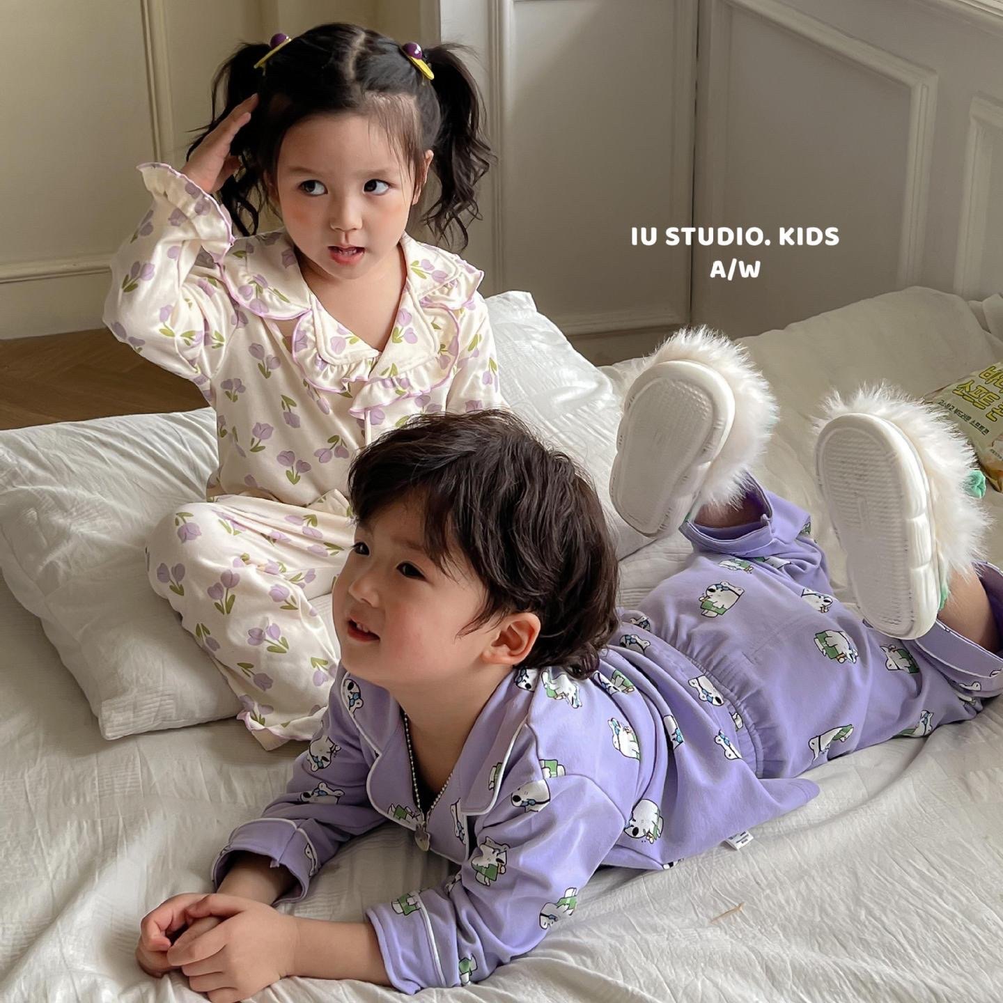 IU家春秋季韩版卡通儿童纯棉家居服男童女童长袖全棉对开睡衣套装