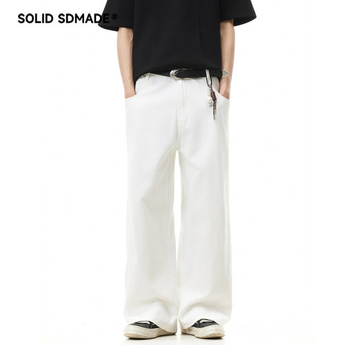 SOLIDSDMADE 基础百搭宽松直筒白色牛仔裤男女美式潮牌阔腿休闲裤