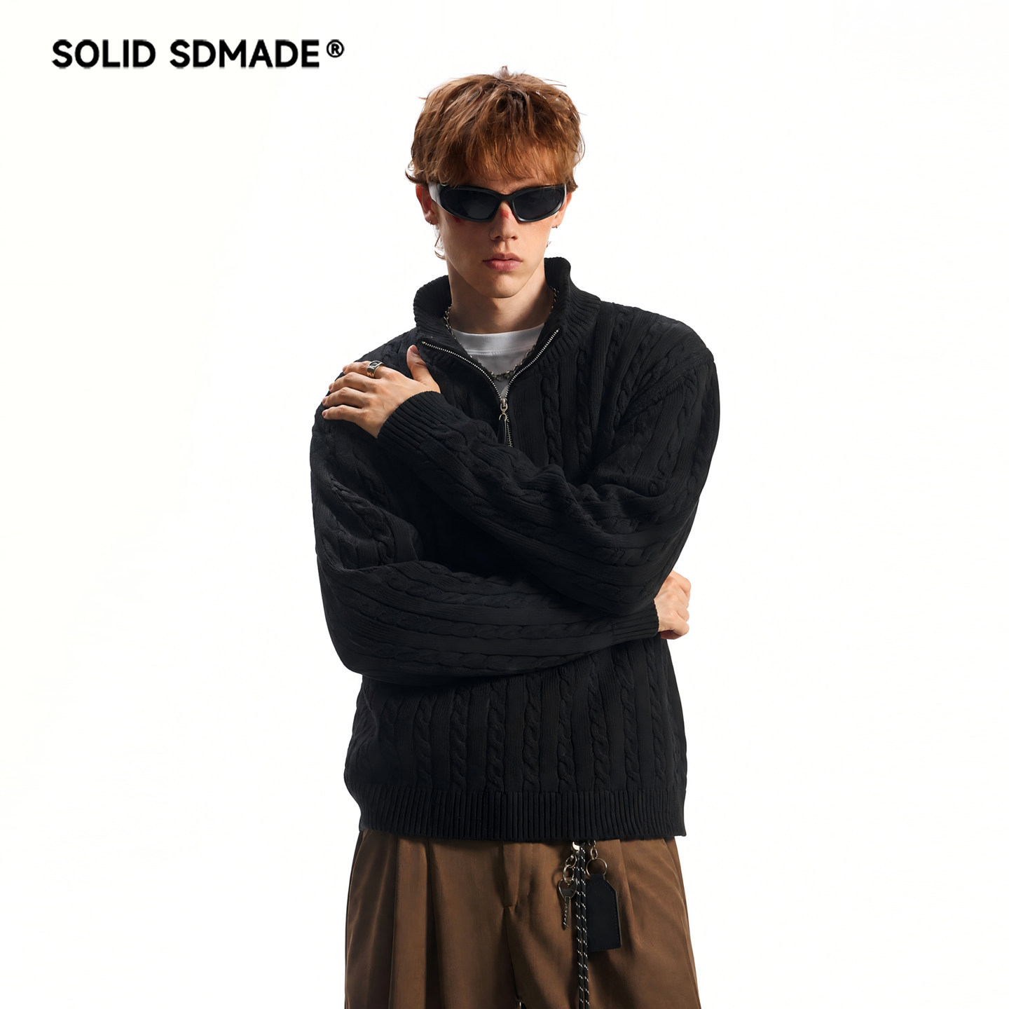 SOLID SDMADE 麻花纹半拉链针织毛衣男秋季老钱风复古扭花针织衫
