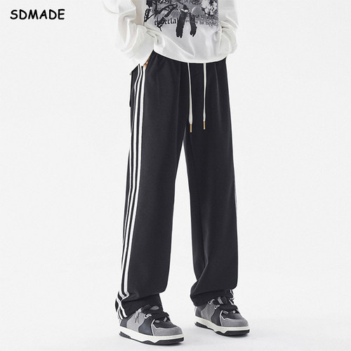 SOLIDSDMADE 秋冬季美式复古三条杠裤子男潮宽松直筒加绒运动卫裤