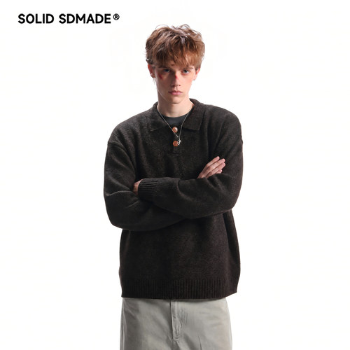 SOLID SDMADE 美式复古翻领毛衣男女秋冬季新款老钱风POLO针织衫