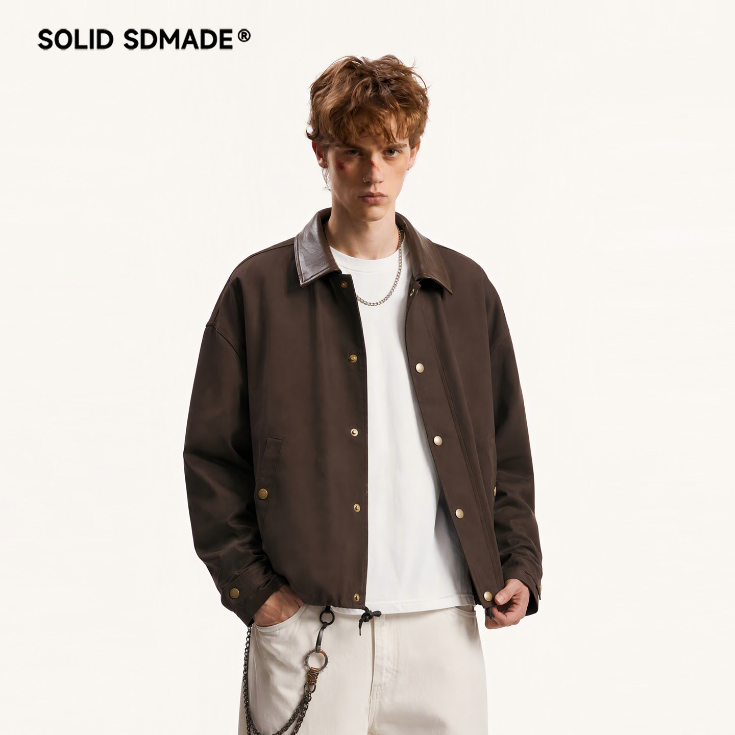 SOLID SDMADE 美式复古皮领拼接夹克男女秋季巴恩风翻领短款外套