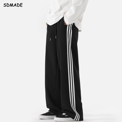SOLIDSDMADE 侧边三条杠运动裤子男款春秋季宽松直筒拖地休闲卫裤