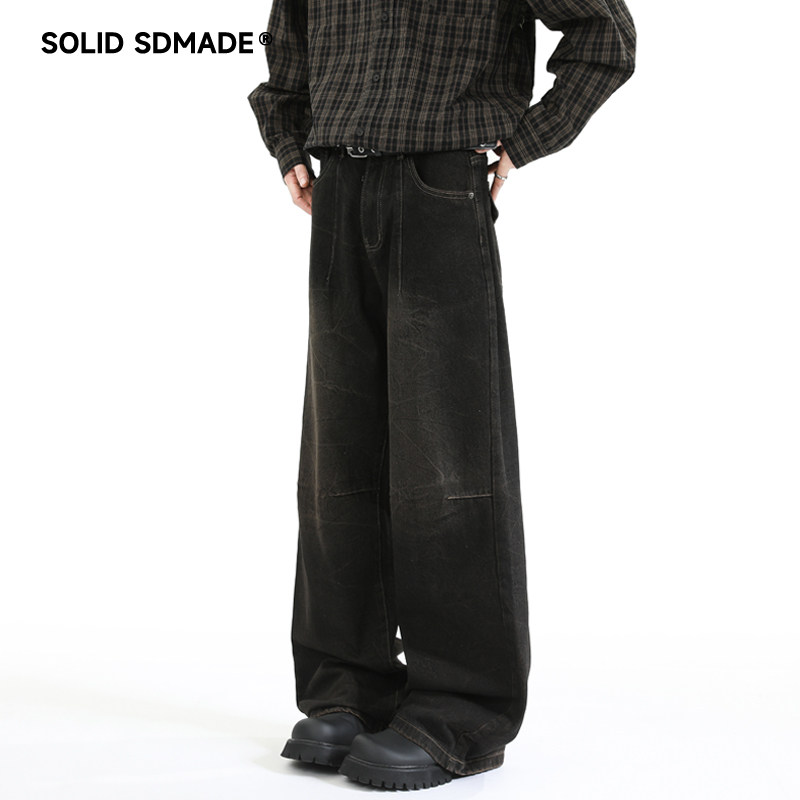 SOLIDSDMADE 美式高街水洗复古牛仔裤男秋季新款裂纹直筒休闲裤子