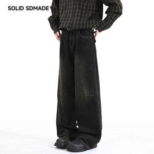 SOLIDSDMADE 美式高街水洗复古牛仔裤男秋季新款裂纹直筒休闲裤子