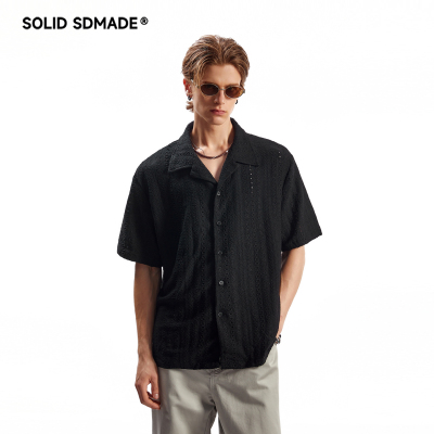 SOLID SDMADE 复古老钱风开衫衬衣男夏季宽松镂空设计短袖衬衫女