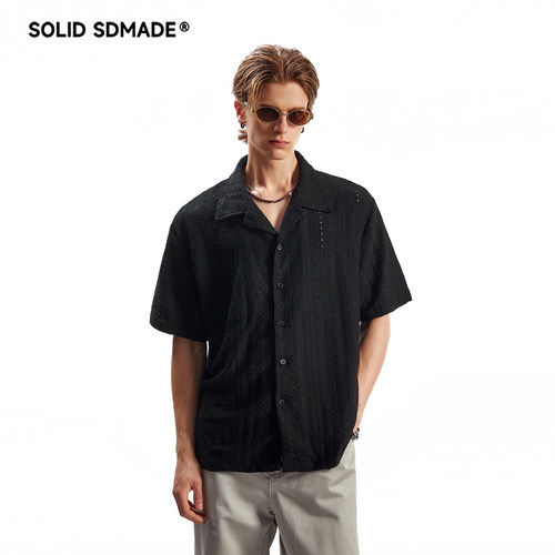 SOLID SDMADE 复古老钱风开衫衬衣男夏季宽松镂空设计短袖衬衫女