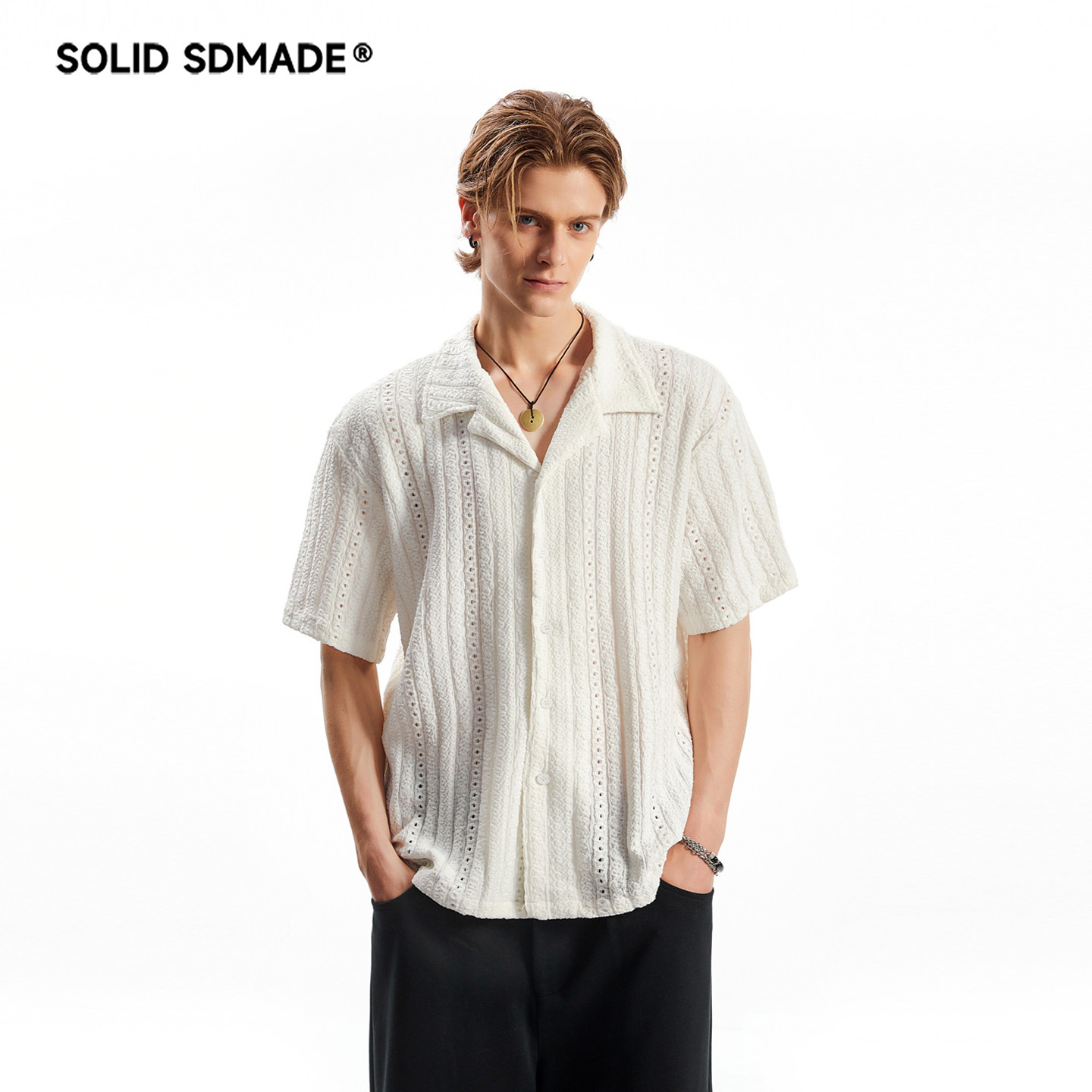 SOLID SDMADE 肌理感老钱风古巴领短袖衬衫男女夏季宽松复古衬衣