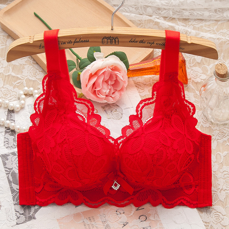 秋冬新款大红色结婚女士内衣聚拢调整型加厚调整型无钢圈文胸罩