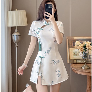 2026高端女装新中式短袖旗袍按摩休闲会所技师工作服连衣裙+短裤