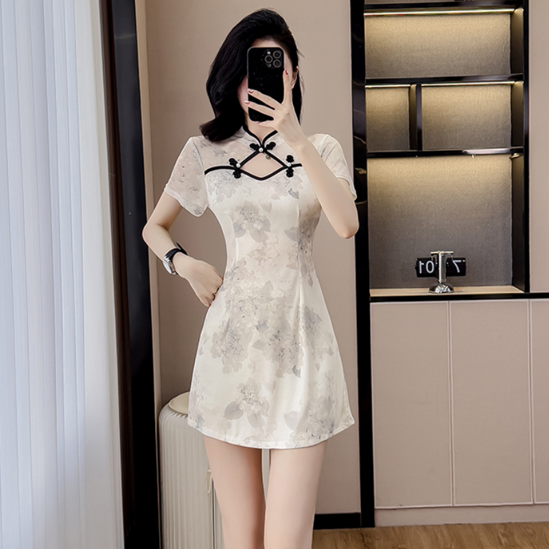 高端国风女装网纱旗袍蕾丝修身足浴SPA按摩技师服短袖连衣裙+短裤