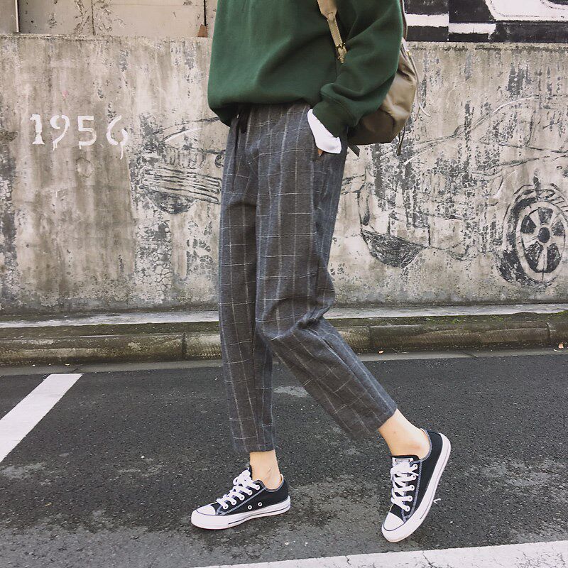 配衬衫大童抽绳复古哈伦裤格子裤子 女 宽松 韩版 学生春天外穿职|ruв категории Женская одежда, брюки, брюки - от Buy2taobao.com для оказания профессиональной услуги покупки агента Taobao