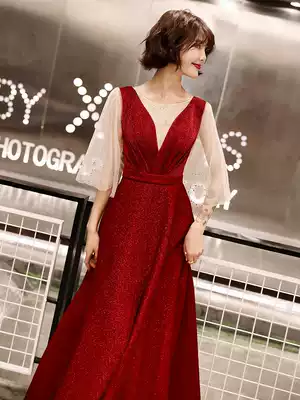 Toast service bride autumn 2021 wedding new thin wine red simple atmosphere V collar dress dress long version