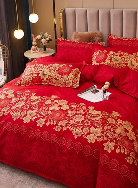 全棉大红色古典床上用品四件套结婚喜庆婚庆纯棉加厚磨毛床单被套