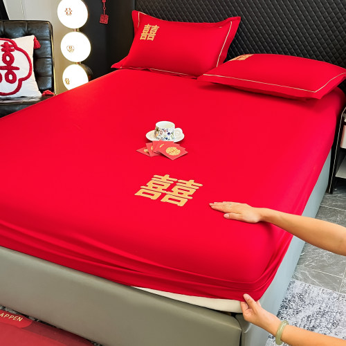 水洗棉红色刺绣双喜嫁婚床笠