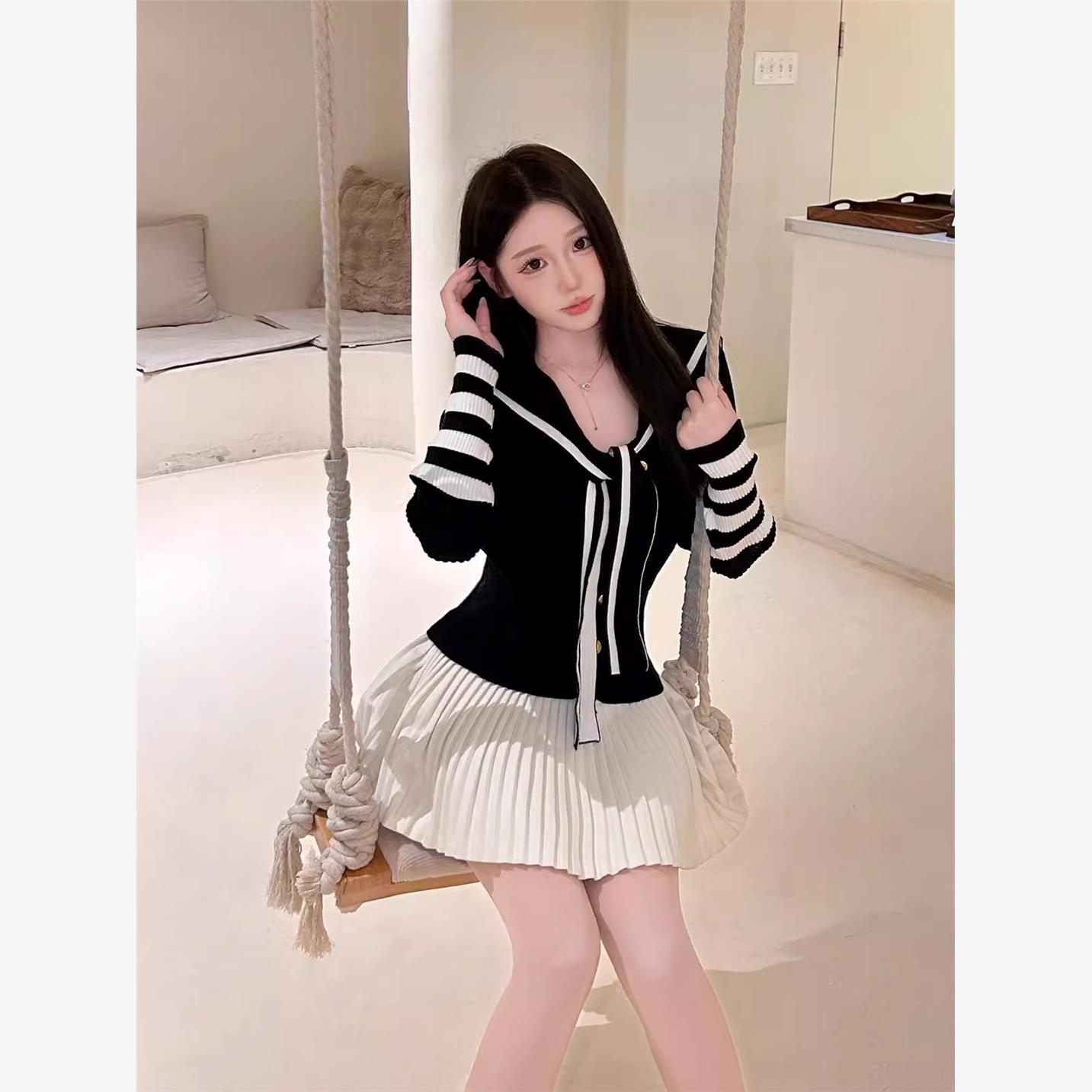 学院风海军领披肩长袖针织衫毛衣百褶半身短裙2025秋新款少女套装