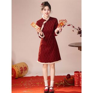 小个子旗袍冬装2025新款冬季红色连衣裙加绒加厚改良新中式长袖女