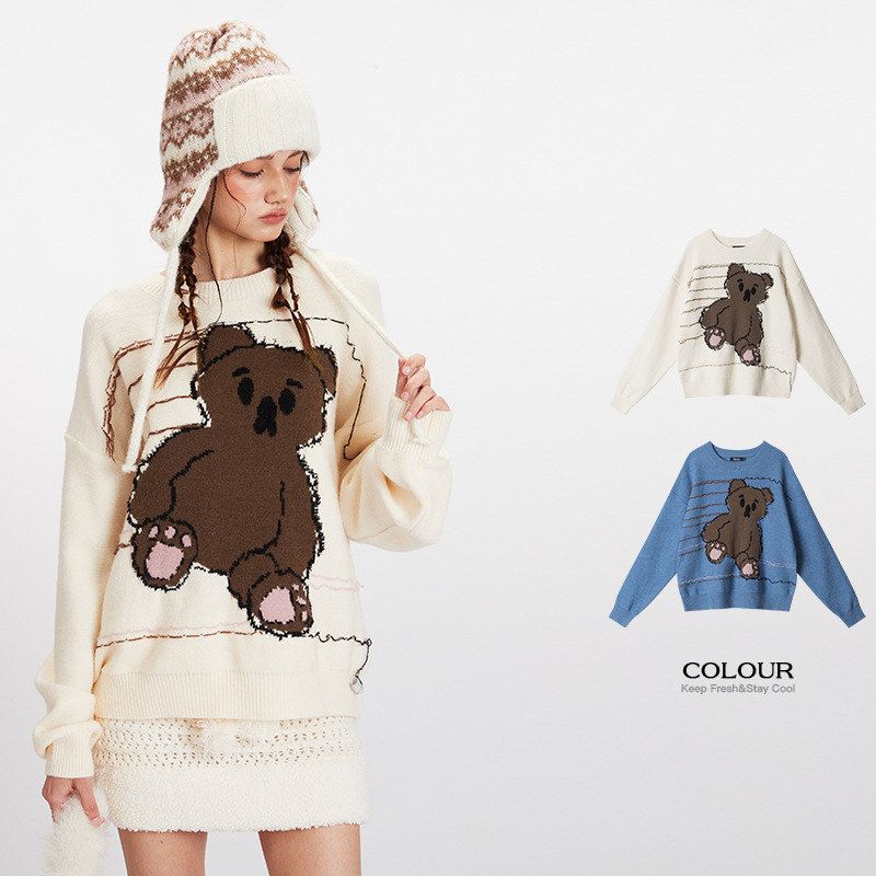 HeyHeny 美式秋冬季情侣宽松慵懒毛衣女小熊圆领套头外穿针织衫
