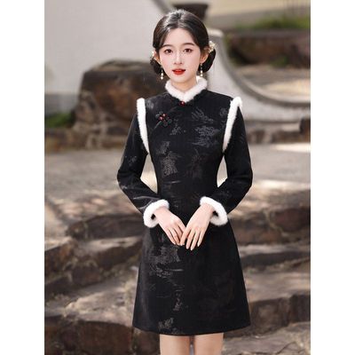 黑色旗袍小个子短款冬季加绒加厚冬装马甲套装女新中式国风连衣裙