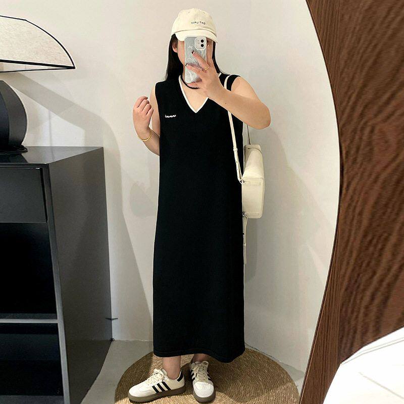 大码女装v领连衣裙女外穿内搭针织裙2025夏款胖mm显瘦背心裙22908