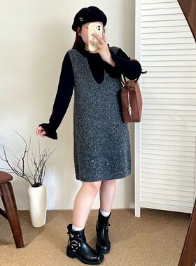 大码女装外搭无袖背心裙女亮片毛衣裙2025冬胖mm针织连衣裙23356