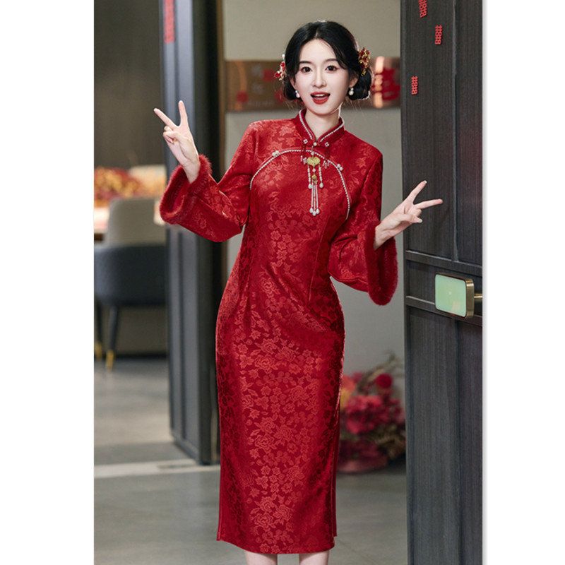 改良敬酒新娘红色年轻旗袍2025冬款长款长袖加厚中式结婚订婚旗袍