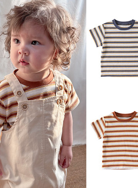 婴儿衣服纯棉a类夏季男女宝宝ins条纹短袖洋气婴幼儿夏款T恤上衣