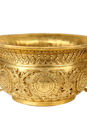 朴器 黄铜款铜双龙开口聚宝盆摆件