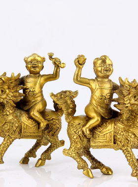 全铜麒麟摆件麒麟一对送子踩如意元宝卧室客厅装饰家居创意工艺礼