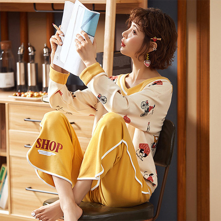 睡衣女春秋季纯棉长袖两件套装韩版甜美秋冬款秋季全棉家居服秋天