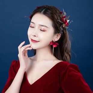 新娘结婚头饰酒红色发箍发饰仙美森系敬礼服敬酒服秀禾服婚礼配饰