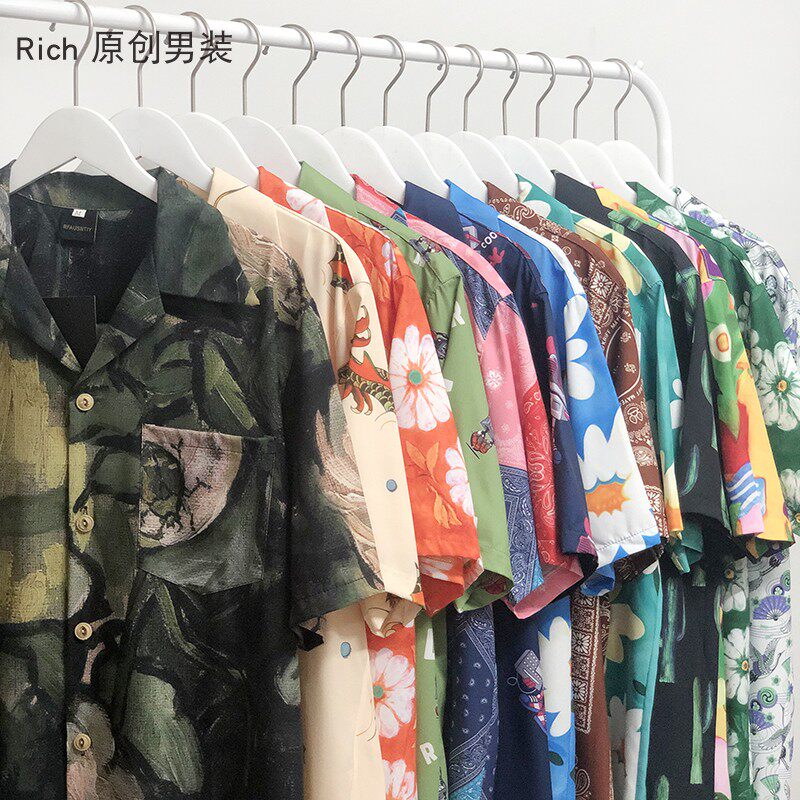 情侣衬衣男港风短袖复古着油画印花港味半袖美式夏威夷古巴领衬衫