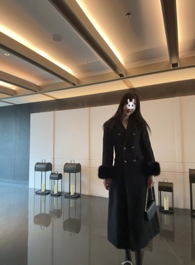 Sin boutique 苏黎世大道大衣女冬收腰显瘦气质双排扣黑色外套新