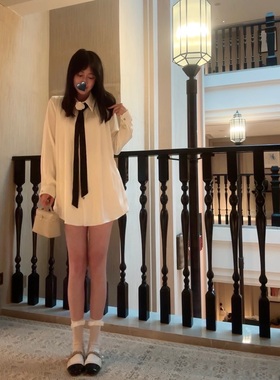 Sin boutique秋季高级感缎面白色衬衫女中长款宽松防晒衬衣含领带